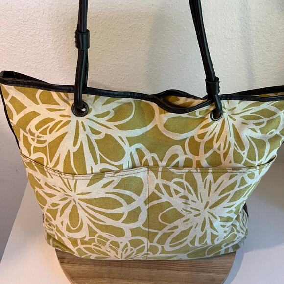 Large Yellow Retro Floral Beach Summer Brown Vegan Leather Trim Tote Bag - Picture 11 of 16